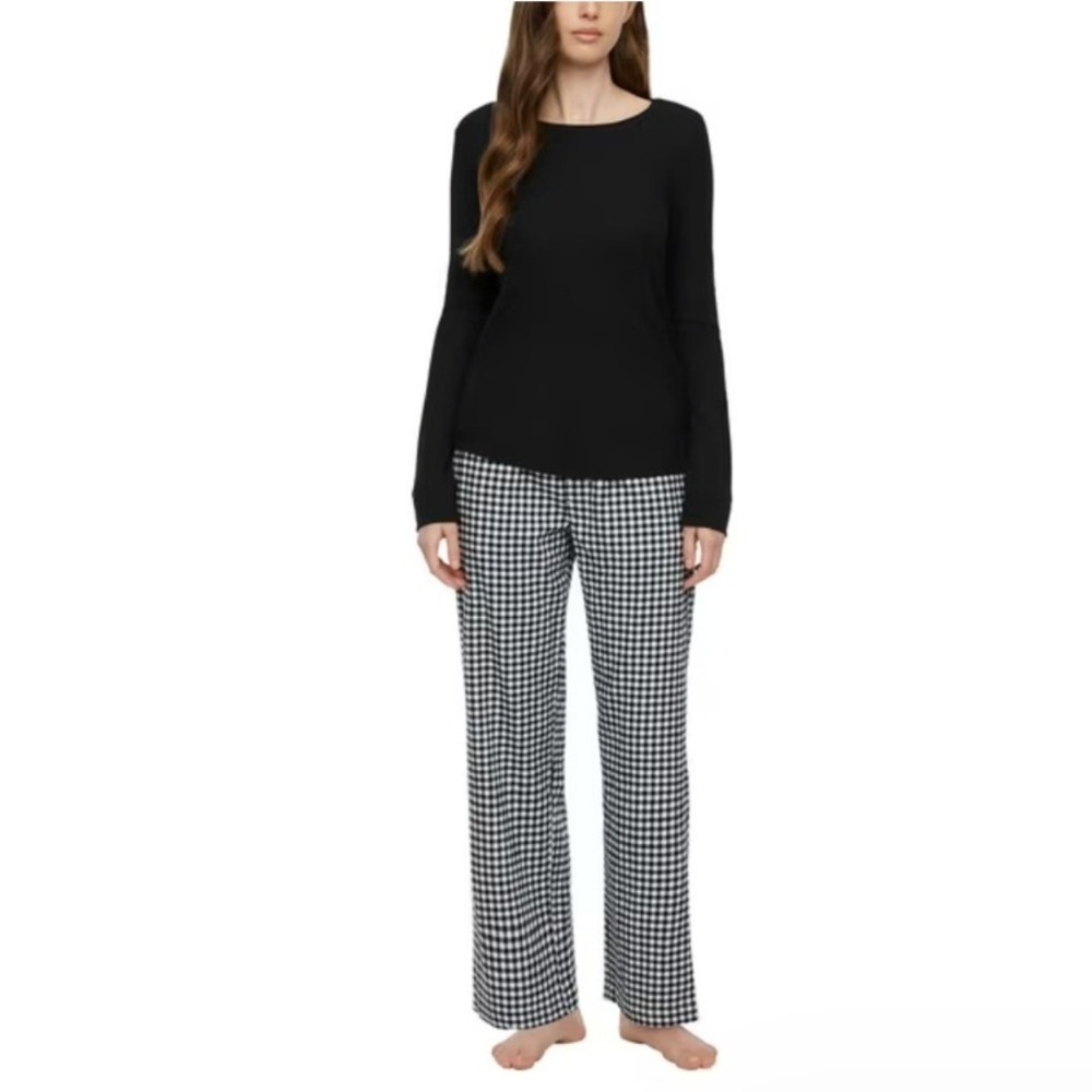 GAP Womens Pajama‎ Set Black Thermal Top Gingham Cotton Flannel Pants Small NEW